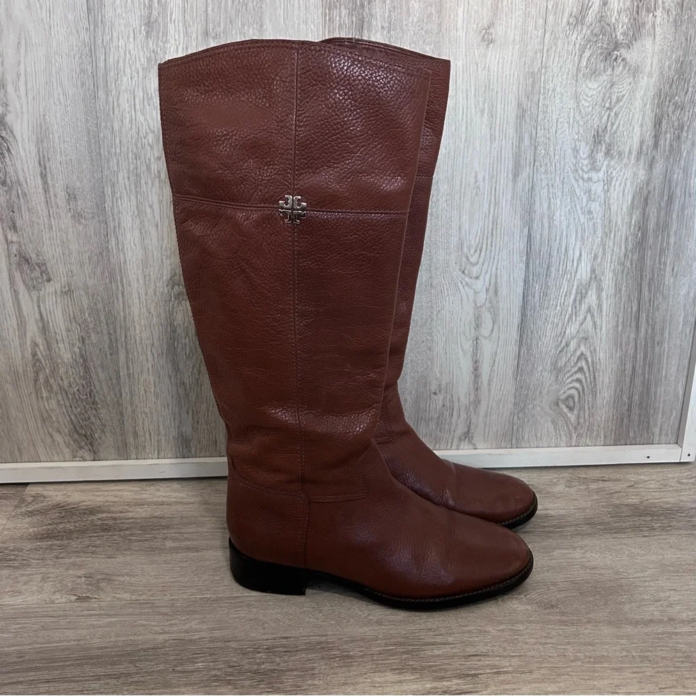 Tory Burch Jolie Tall Riding Boots Womens 9.5  Brown Pebbled Leather Equestrian